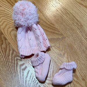 Pink Knit Baby Hat and Booties Set